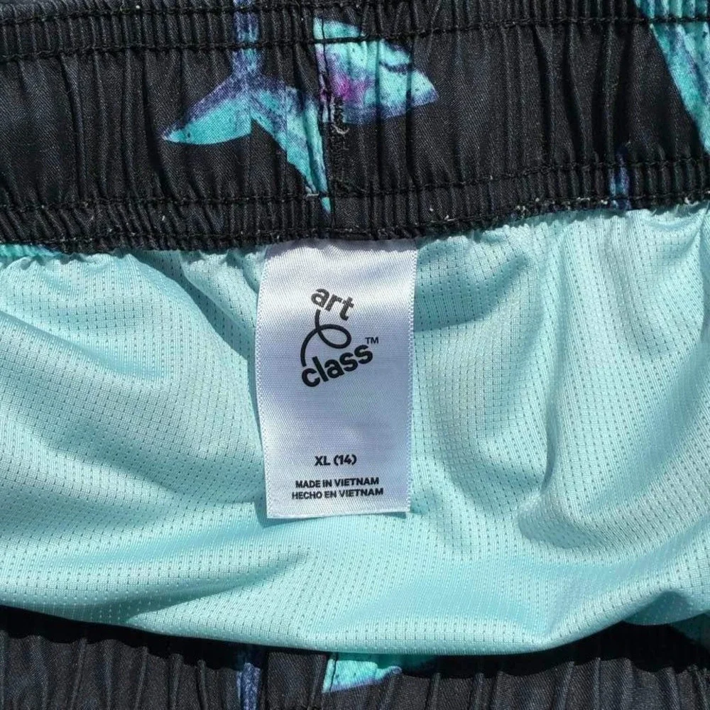 Art Class Boys Shark Print Swim Trunks Black Teal XL 14 Swim Shorts